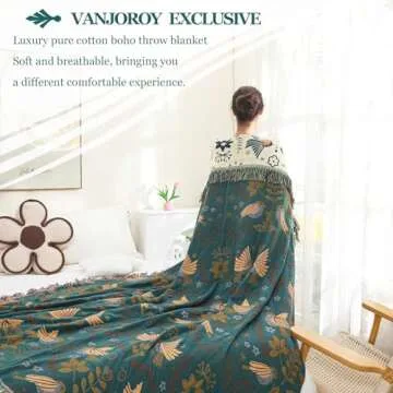 VANJOROY Boho Large Throw Blanket for Bed, 100% Cotton Soft Breathable Throw-Floral Bird Rustic Decor Blanket for Couch Sofa Quilt and Gift, 60" x 80"-Teal/Beige