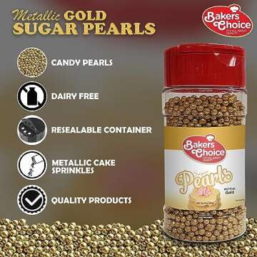 Baker's Choice Edible Pearls - Metallic Gold Sugar Sprinkles - Dairy Free - 3 oz.