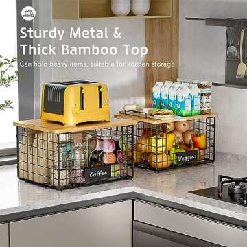 2 Pack Stackable Wire Baskets with Bamboo Top - XXL Kitchen Organization for Pantry