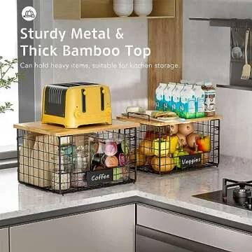 2 Pack Stackable Wire Baskets with Bamboo Top - XXL Kitchen Organization for Pantry