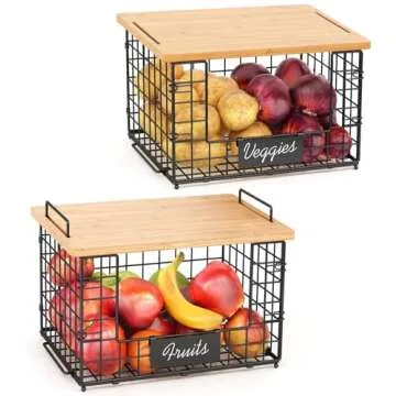 Stackable Wire Baskets with Bamboo Top - Kitchen Organizer