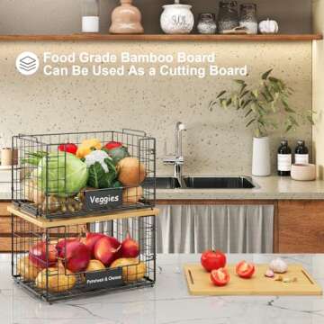 Stackable Wire Baskets with Bamboo Top - Kitchen Organizer