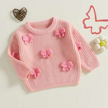 JLKGICF Toddler Baby Girl Chunky Sweater Cute Bow/Strawberry Printed Sweater Pullover Crewneck Sweatshirt Fall Winter Outfit (3D Bowknot Pink, 2-3 Years)