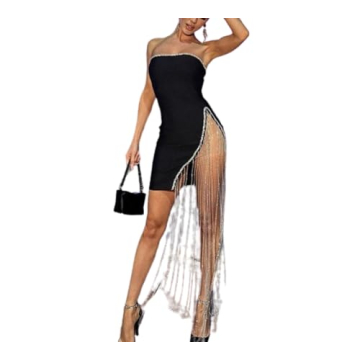 QNI Tube Top Dress Strapless Side Split Mini Dress with Fringes for Stunning Cocktails and Evening E...