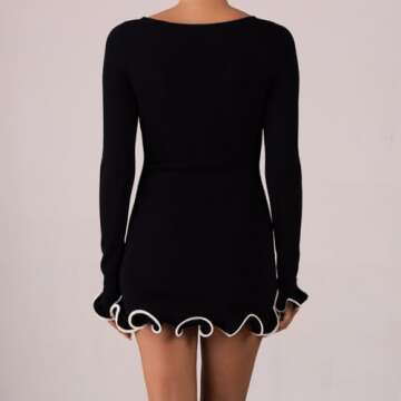 Naileksi Women Elegant Ruffle Hem Knit Mini Dress Long Sleeve Contrast Color Patchwork Bodycon Short Sweater Dress Fall