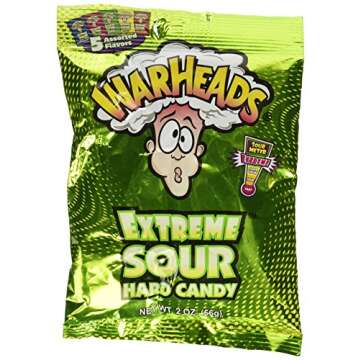 WARHEADS - Extreme Sour Hard Candy - Assorted Flavors - Sour Apple, Black Cherry, Blue Raspberry, Lemon & Watermelon Flavors - 2 oz. Bag