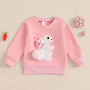Dcohmch Toddler Girl Boy Easter outfit Bunny Embroidered Shirt Sweatshirt Long Sleeve Pullovers Baby Spring Clothes (Pink, 3-4 Years)