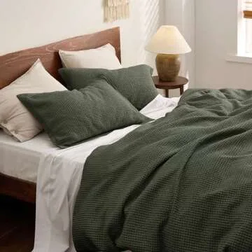 Bedsure Cotton Duvet Cover Set - 100% Cotton Waffle Weave Olive Green Duvet Cover Oversized King Size, GentleSoft™ and Breathable Bedding Set for All Season, 3 Pieces, 120"x98"