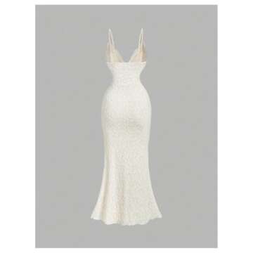 SHENHE Women's Lace Fishtail Dress Bodycon Spaghetti Strap Elegant Party Night Maxi Dress Apricot Sm...