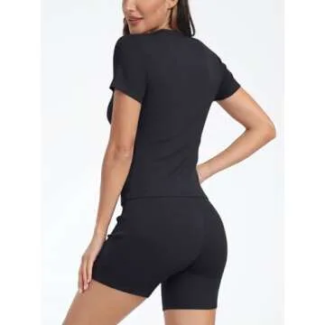 Trendy Queen 2 Piece Workout Sets Women Two Piece Summer Outfits 2024 Loungewear Beach Crop Tops Biker Shorts Leggings Y2k Clothes Fashion Matching Tracksuits, Small, Black
