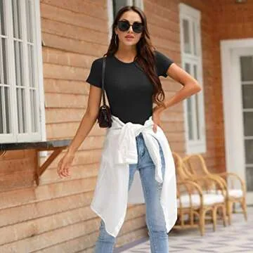 LAOLASI Round Neck short sleeves Slim Fit Casual Basic Extender Bodysuit Daily Jumpsuit T Shirts for Women, Black, Large