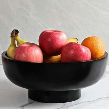 IVE Design Black Wood Fruit Bowl for Kitchen Counter, 12-inch Diameter Large Wooden Fruit Bowl, Natural Wood, Black Decorative Bowl Fruit Holder (Black)