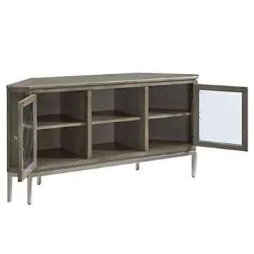 Leick Home 84388 Two Door Corner TV Stand with Open Center Storage and Metal Base for 62" TV's, Smoke Gray Wash/Pewter,Grey