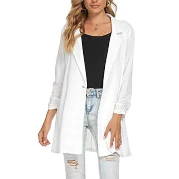 Unifizz Women's 3/4 Sleeve Stretchy Open Front Lightweight Work Office Blazer Jacket with Plus Size - White, Size L