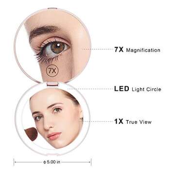 Benbilry LED Lighted Compact Travel Makeup Mirror with Lights, 1x/7x Magnification, 5 Inch Dual Side...