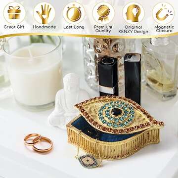 KENZY GIFTS Evil Eye Jewelry Box - Handmade Gold Keepsake Box with Magnetic Closure & Crystals - Decorative Storage for Bracelets, Necklaces, Boho Home Decor