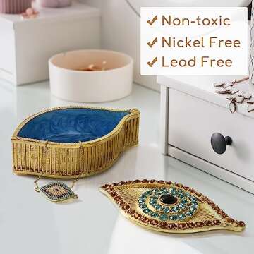 KENZY GIFTS Evil Eye Jewelry Box - Handmade Gold Keepsake Box with Magnetic Closure & Crystals - Decorative Storage for Bracelets, Necklaces, Boho Home Decor