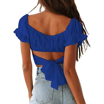 LYANER Women's Ruffle Short Sleeve Tie Up Back Crop Top Off Shoulder Bardot Blouse Royal Blue Small