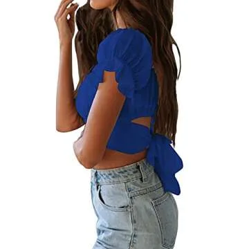 LYANER Women's Ruffle Short Sleeve Tie Up Back Crop Top Off Shoulder Bardot Blouse Royal Blue Small