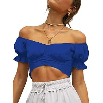 LYANER Women's Ruffle Short Sleeve Tie Up Back Crop Top Off Shoulder Bardot Blouse Royal Blue Small