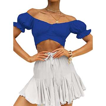 LYANER Women's Ruffle Short Sleeve Tie Up Back Crop Top Off Shoulder Bardot Blouse Royal Blue Small