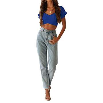 LYANER Women's Ruffle Short Sleeve Tie Up Back Crop Top Off Shoulder Bardot Blouse Royal Blue Small
