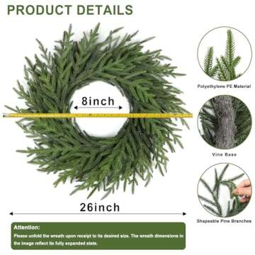 Artgar 26 Inch Pine Wreath - Christmas Wreaths for Front Door - Real Touch Pine Wreath - Large Artif...