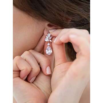 SWEETV Rose Gold Elegant Bridal Wedding Earrings for Brides, Bridesmaids, Cubic Zirconia Teardrop Da...