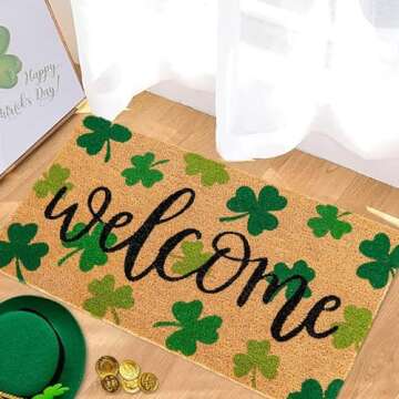 Whaline St. Patrick's Day Natural Coir Door Mat Gradient Green Shamrock Pattern Welcome Mat Non-Slip...