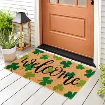 Whaline St. Patrick's Day Natural Coir Door Mat Gradient Green Shamrock Pattern Welcome Mat Non-Slip Lucky Clover Entrance Door Rugs for Indoor Outdoor Home Bathroom Decor, 16.5 x 29 Inch