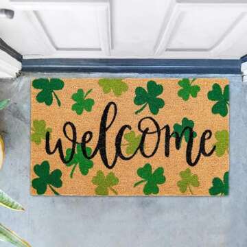 Whaline St. Patrick's Day Natural Coir Door Mat Gradient Green Shamrock Pattern Welcome Mat Non-Slip Lucky Clover Entrance Door Rugs for Indoor Outdoor Home Bathroom Decor, 16.5 x 29 Inch