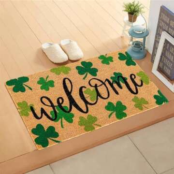 Whaline St. Patrick's Day Natural Coir Door Mat Gradient Green Shamrock Pattern Welcome Mat Non-Slip Lucky Clover Entrance Door Rugs for Indoor Outdoor Home Bathroom Decor, 16.5 x 29 Inch