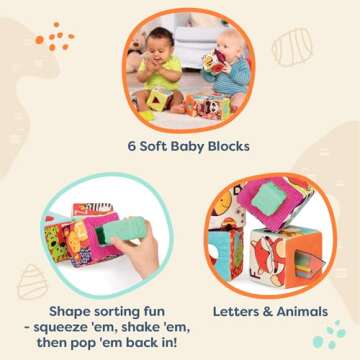 B. Toys Soft Fabric Building Blocks for Toddlers - Educational Alphabet Blocks with Textured Shapes - Stack & Play ABC Blocks for 6 Months+