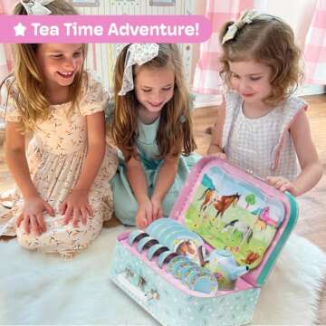 Jewelkeeper Toddler Toys Tea Set for Little Girls - 15 Pcs Tin Tea Set for Kids Tea Time Includes Teapot, 4 Tea Cup and Saucers Set and 4 Snack Plates , Horse Tea Party Set with Carrying Case