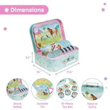 Jewelkeeper Toddler Toys Tea Set for Little Girls - 15 Pcs Tin Tea Set for Kids Tea Time Includes Teapot, 4 Tea Cup and Saucers Set and 4 Snack Plates , Horse Tea Party Set with Carrying Case