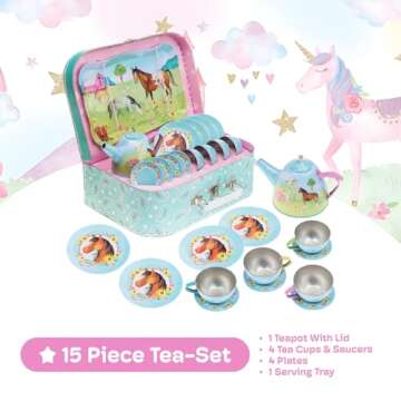 Jewelkeeper Toddler Toys Tea Set for Little Girls - 15 Pcs Tin Tea Set for Kids Tea Time Includes Teapot, 4 Tea Cup and Saucers Set and 4 Snack Plates , Horse Tea Party Set with Carrying Case