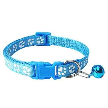 CHBORCHICEN 2-Pack Footprint & Reflective Cat Collar with Bell Basic Dog Cat Collar Buckle Adjustable Polyester Cat Dog Collar or Seatbelts (Small, Sky Blue)