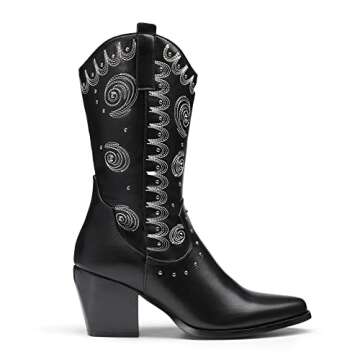 DREAM PAIRS Women's SDMB2207W Western Cowboy Boots Mid Calf Cowgirl Boot Pull-on,Black,Size 9