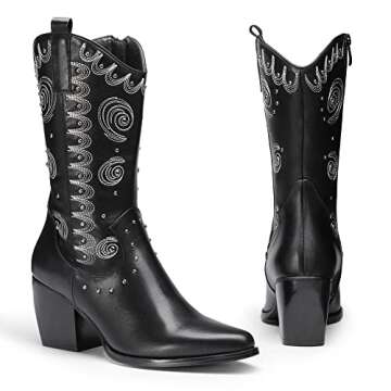DREAM PAIRS Women's SDMB2207W Western Cowboy Boots Mid Calf Cowgirl Boot Pull-on,Black,Size 9