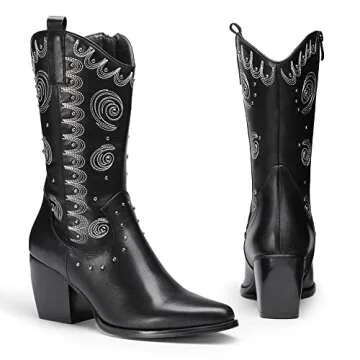 DREAM PAIRS Women's SDMB2207W Western Cowboy Boots Mid Calf Cowgirl Boot Pull-on,Black,Size 9