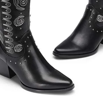 DREAM PAIRS Women's SDMB2207W Western Cowboy Boots Mid Calf Cowgirl Boot Pull-on,Black,Size 9