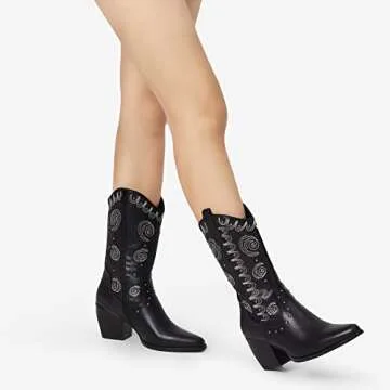 DREAM PAIRS Women's SDMB2207W Western Cowboy Boots Mid Calf Cowgirl Boot Pull-on,Black,Size 9
