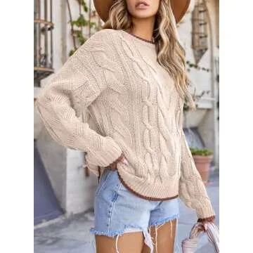 EVALESS Sweaters for Women Trendy Crewneck Long Sleeve Color Block Sweater Tops Casual Fall 2024 Chunky Cable Knit Pullover Sweaters Comfy Warm Loose Fit Clothes Beige Large