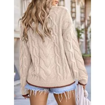 EVALESS Sweaters for Women Trendy Crewneck Long Sleeve Color Block Sweater Tops Casual Fall 2024 Chunky Cable Knit Pullover Sweaters Comfy Warm Loose Fit Clothes Beige Large