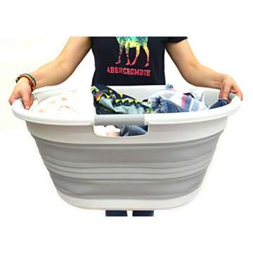 SAMMART 57L (15 Gallons) Collapsible 3-Handled Plastic Laundry Basket - Oval Tub - Portable Washing Tub-Space Saving Laundry Hamper, Water Capacity 44L / 11.6 Gallon (1, Grey)