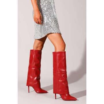 CNNOVALY Tall Red Boots for Women Knee High Fold over Long Boots for Women Stiletto Heel Pointed Toe, 9.5 US