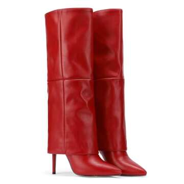 CNNOVALY Tall Red Boots for Women Knee High Fold over Long Boots for Women Stiletto Heel Pointed Toe, 9.5 US