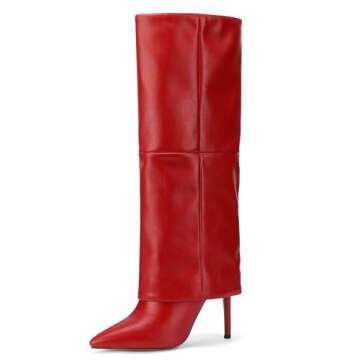 CNNOVALY Tall Red Boots for Women Knee High Fold over Long Boots for Women Stiletto Heel Pointed Toe, 9.5 US