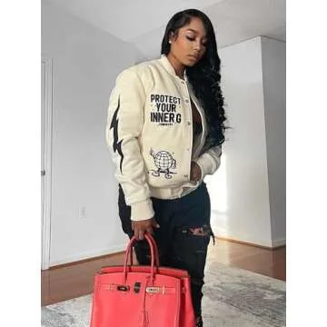 Molilove Varsity Jacket Baseball Bomber Jacket Vintage Sweatshirt College Casual Unisex Streetwear Coats Varsity Jacket Apricot S