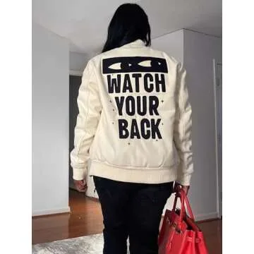 Molilove Varsity Jacket Baseball Bomber Jacket Vintage Sweatshirt College Casual Unisex Streetwear Coats Varsity Jacket Apricot S